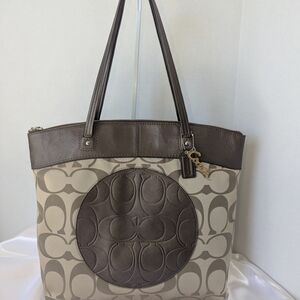 Coach Brown and Cream Signature Laura Tote Bag